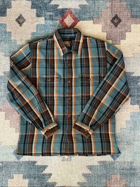 Indigofera Webster Shirt Blue Twill Check Flannel Overshirt Size Small S - RARE